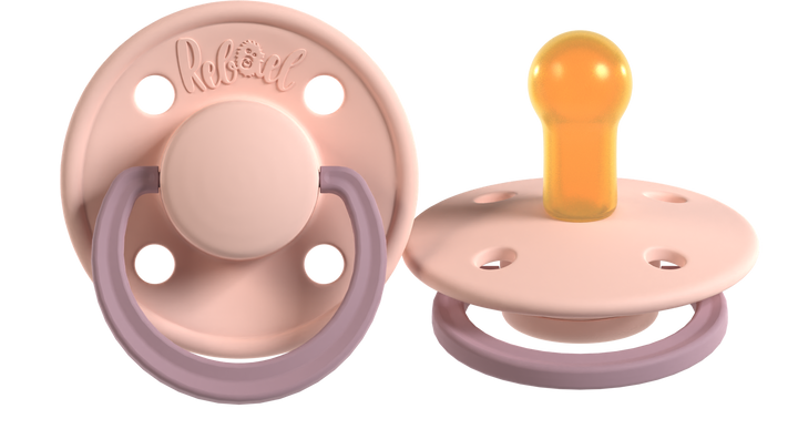 Two pacifiers with purple and pink