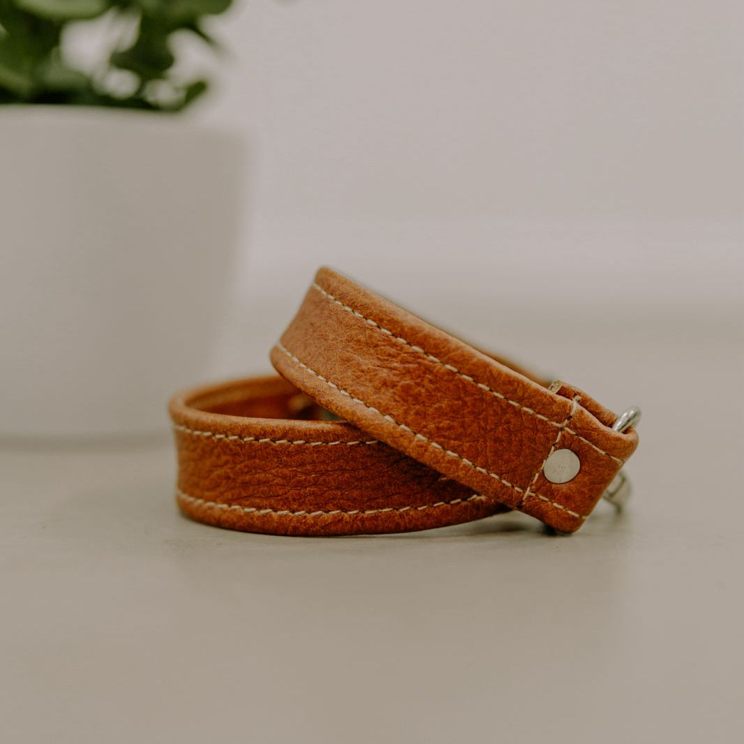 Brown leather strap on a light surface with a blurred plant in the background