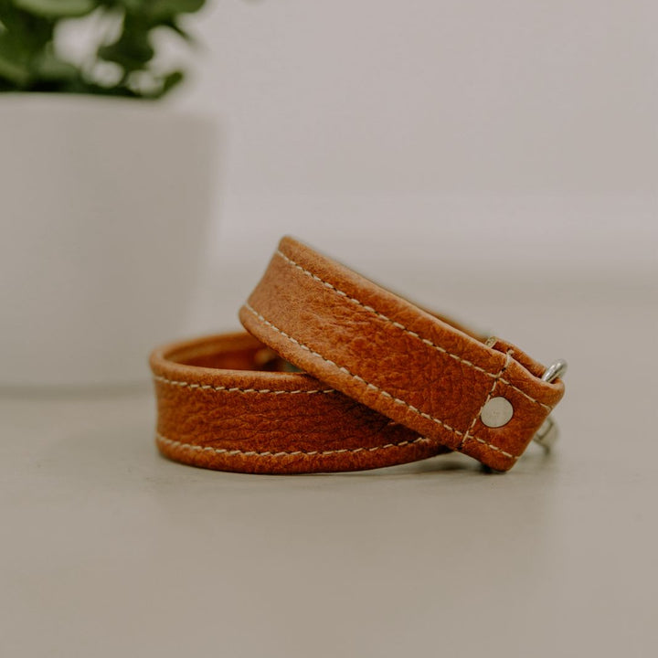 Brown leather strap on a light surface with a blurred plant in the background