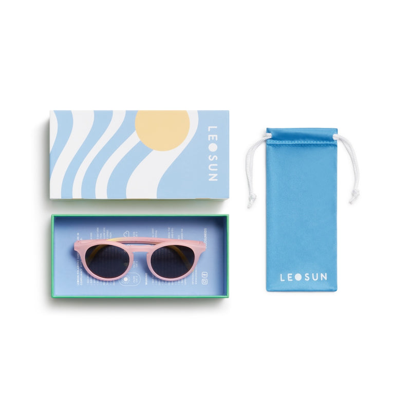 Pink sunglasses in a blue box with &