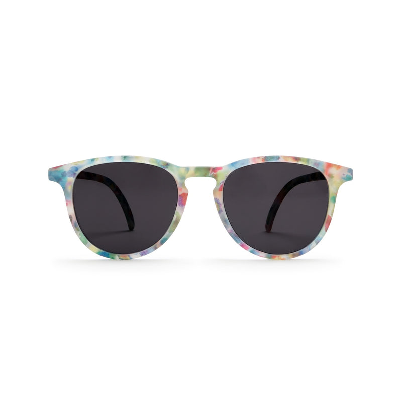 Sunglasses with colorful frame and dark lenses on a white background
