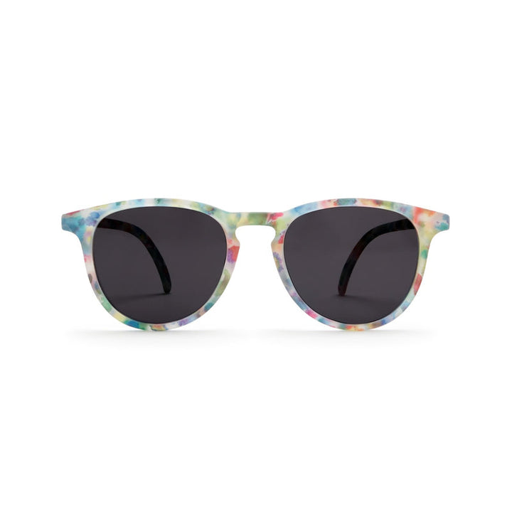 Sunglasses with colorful frame and dark lenses on a white background