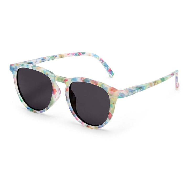 Sunglasses with colorful frame and dark lenses on a white background