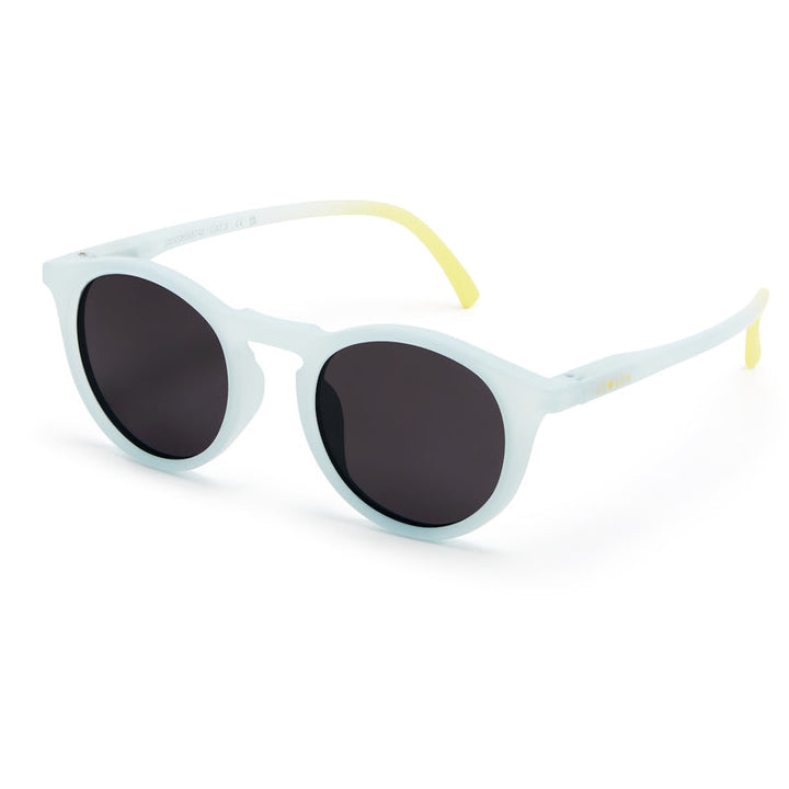 Sunglasses with light blue frame and dark lenses on a white background
