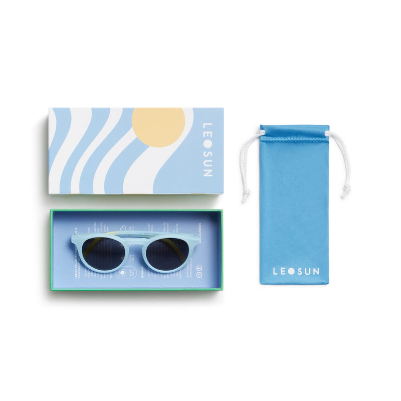 Blue sunglasses in a box with a matching pouch on a white background