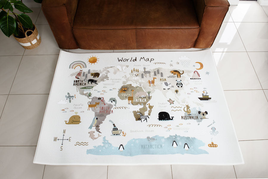 White play mat with world map design, perfect for playtime - TPU World Map Play Mat