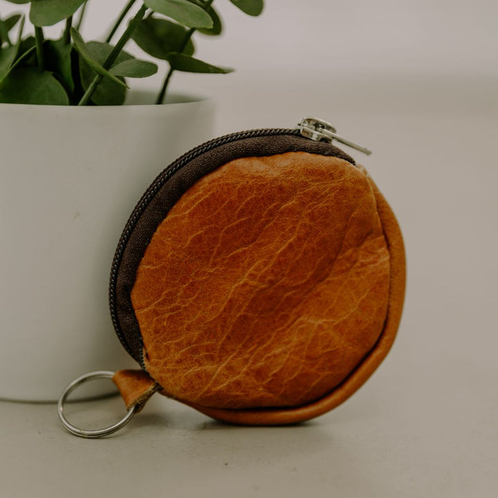Round brown leather coin purse or dummy pouch 