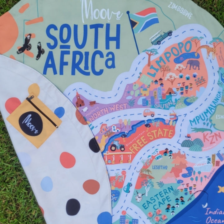 Colorful map of South Africa with cartoon illustrations on a grass background