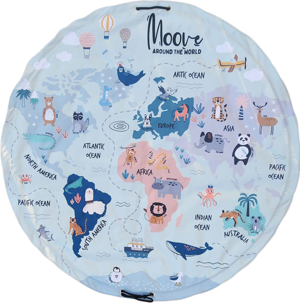 Round world map with illustrations of animals and continents, branded 'Moove'.