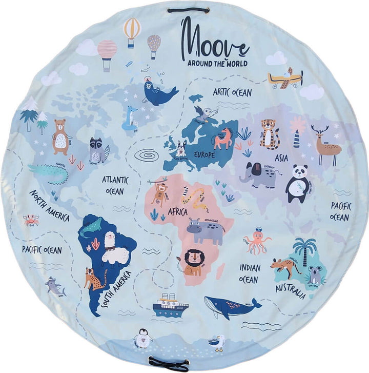 Round world map with illustrations of animals and continents, branded 'Moove'.